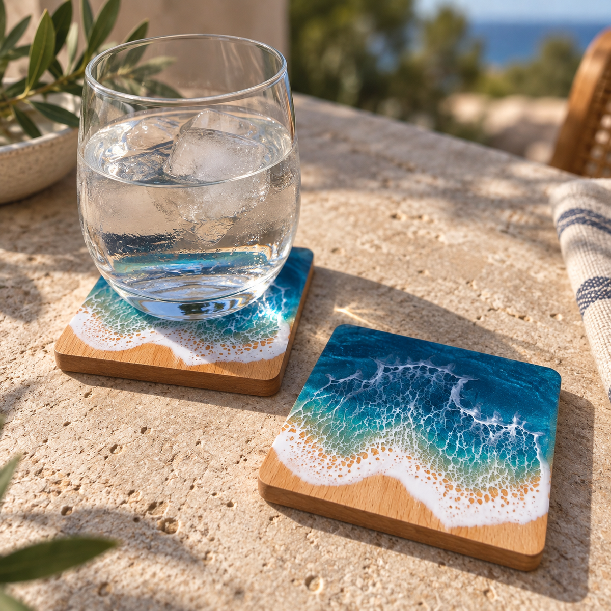 Sous-Verres Vague — Lot de 4, Hêtre Massif et Résine Époxy