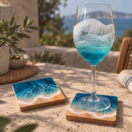 Sous-Verres Vague — Lot de 4, Hêtre Massif et Résine Époxy