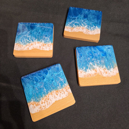 Lot de 4 sous-verres Vague Océan en bois de Hêtre et résine époxy