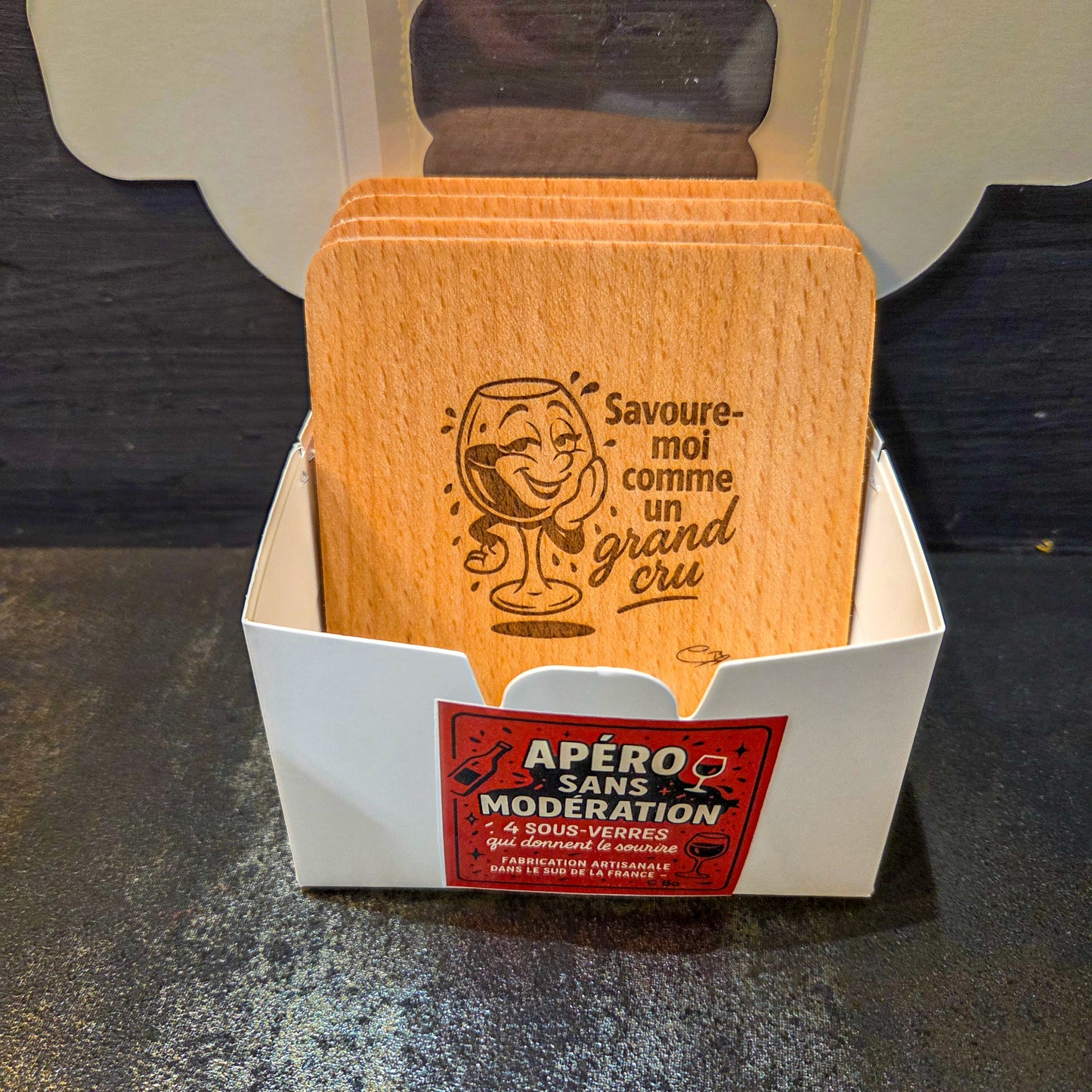 Collection " Apéro sans modération " Lot de 4 sous verres en bois de Hêtre