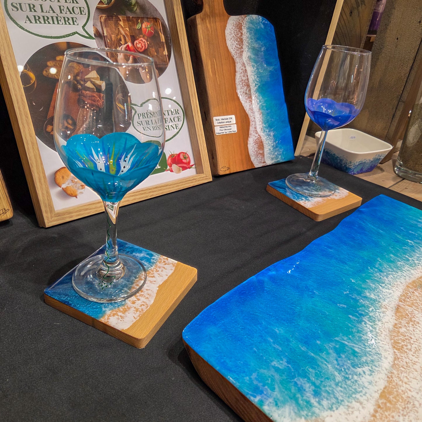 Lot de 4 sous-verres Vague Océan en bois de Hêtre et résine époxy