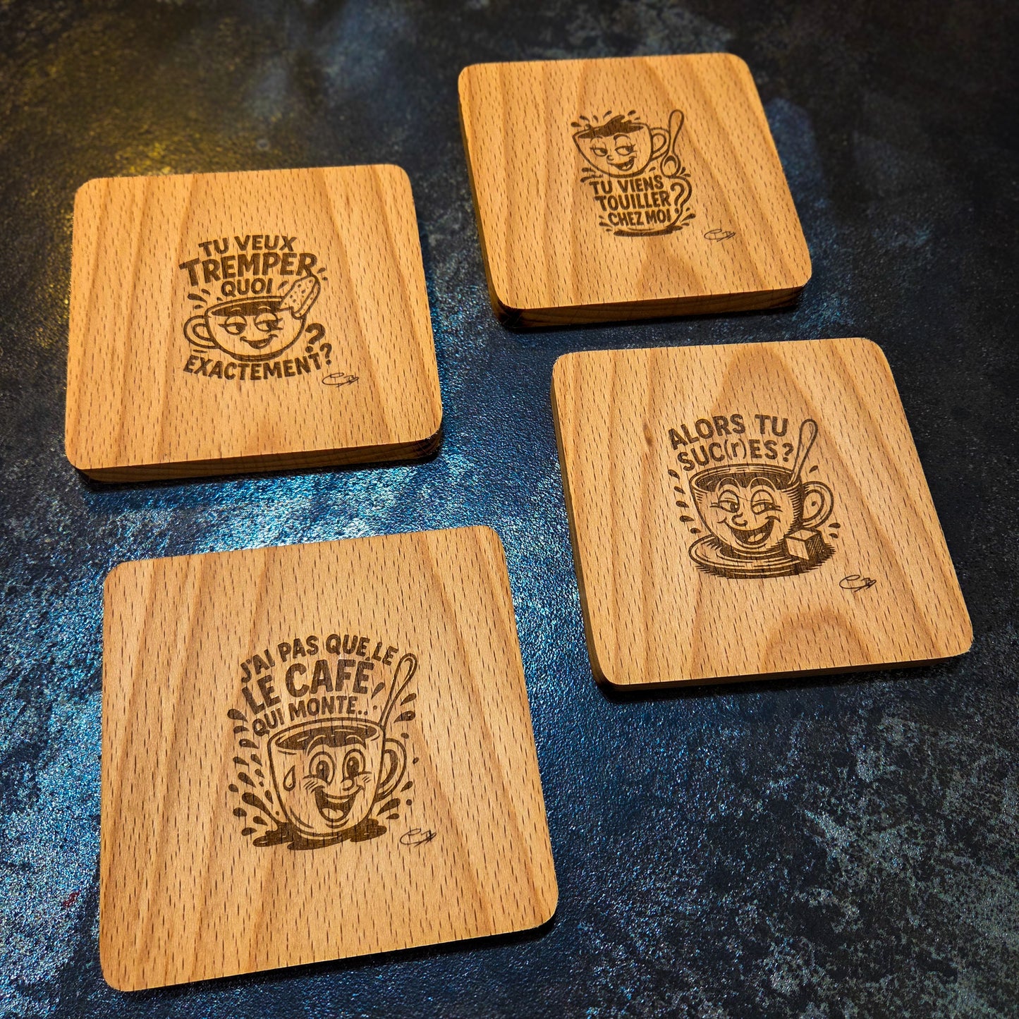 Collection « Matin coquin »  Lot de 4 sous-verres en bois de Hêtre