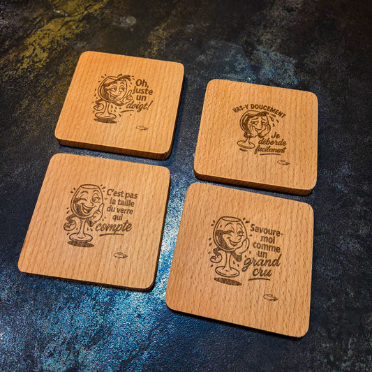 Collection " Apéro sans modération " Lot de 4 sous verres en bois de Hêtre