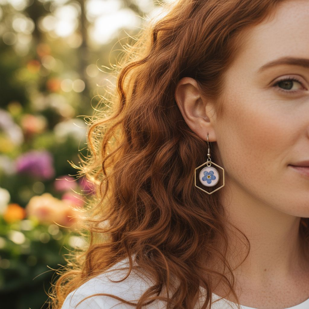 Boucles d’oreilles Fleur d’Hexagone - Résine & fleur naturelle bleue