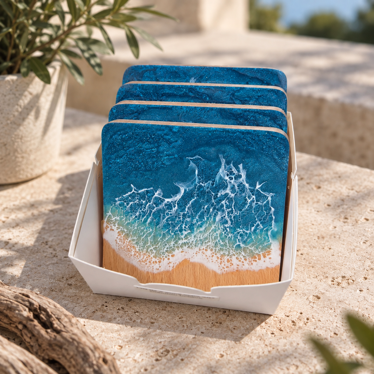 Sous-Verres Vague — Lot de 4, Hêtre Massif et Résine Époxy