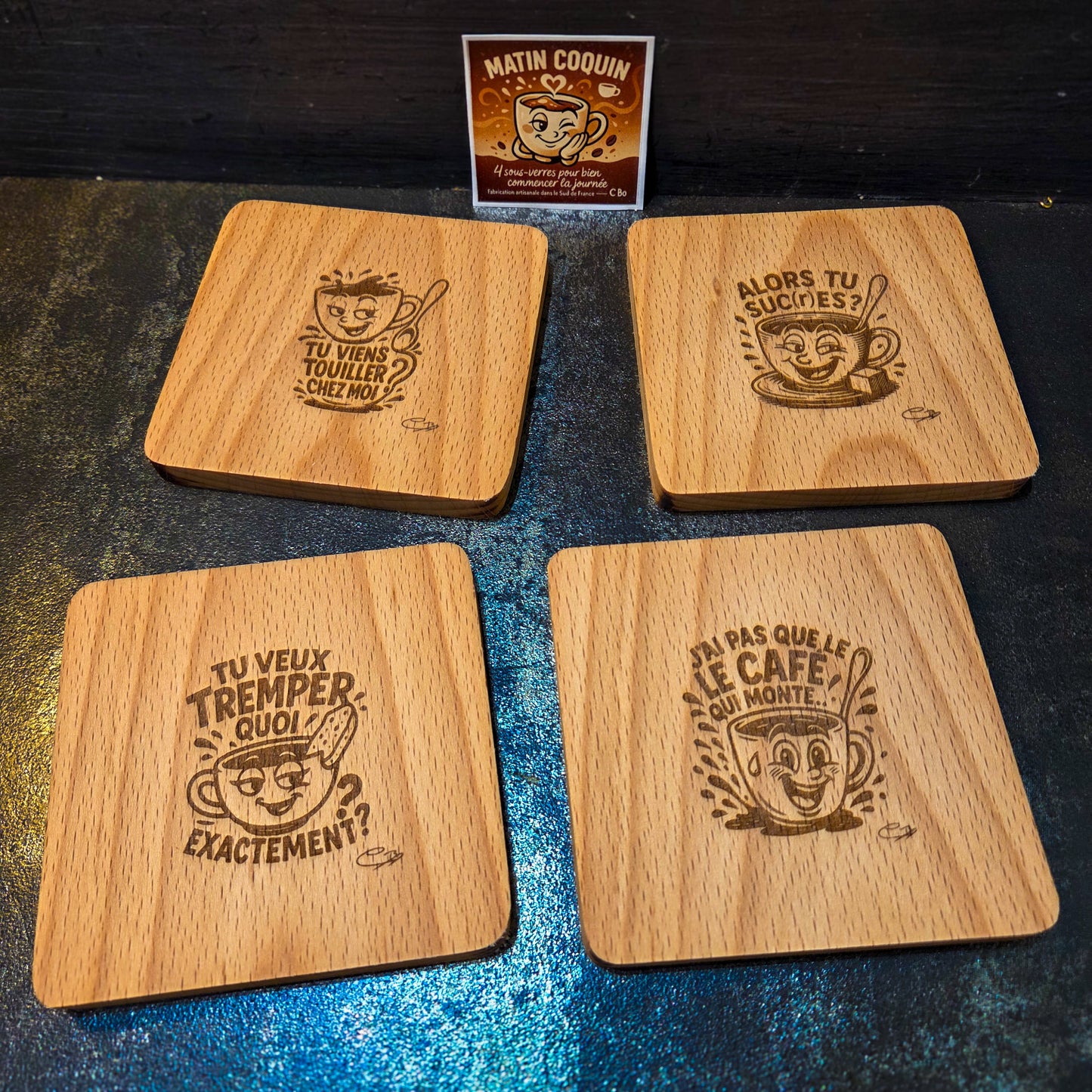 Collection « Matin coquin »  Lot de 4 sous-verres en bois de Hêtre