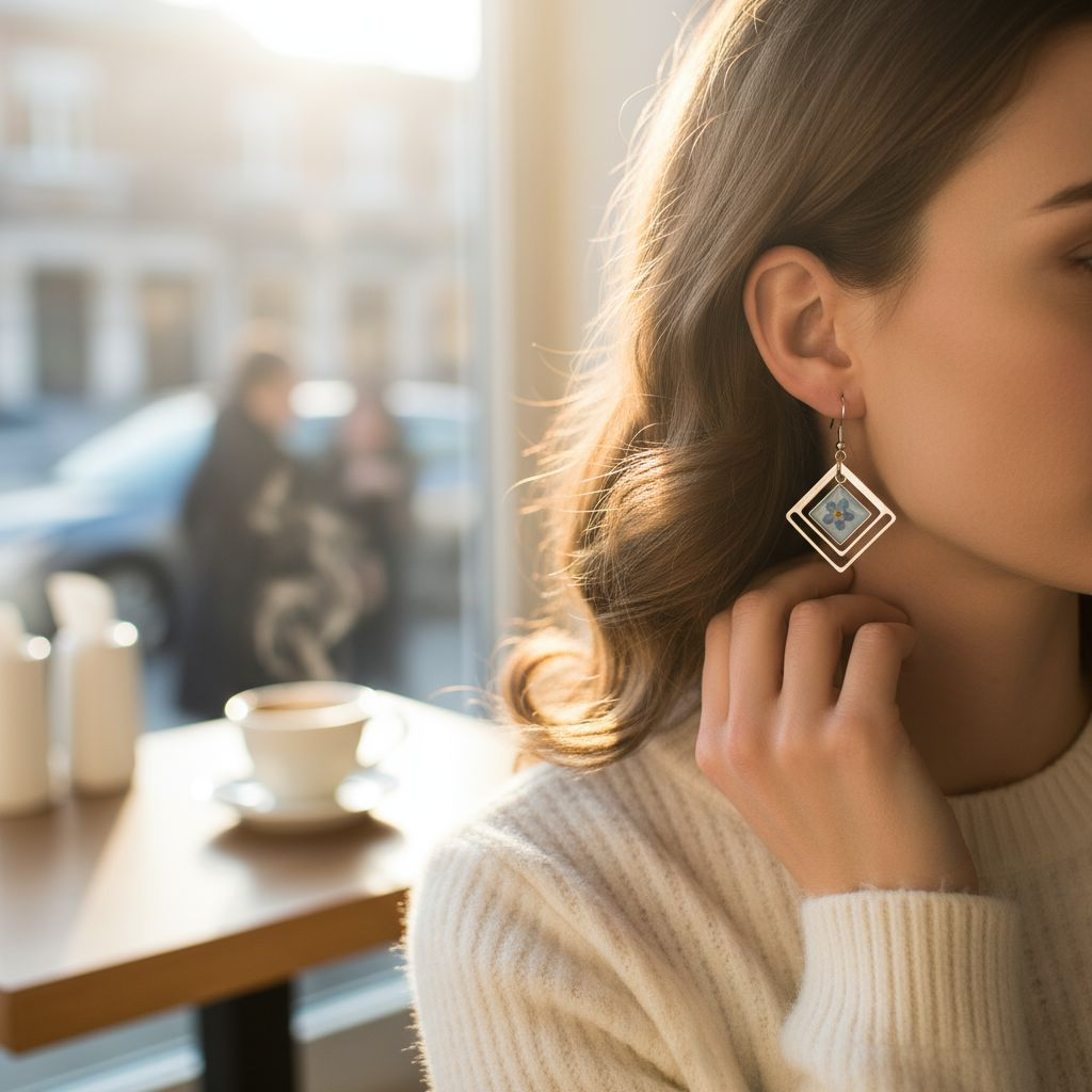 Boucles d’oreilles " Géométrie Azur " Résine & fleurs naturelles bleues