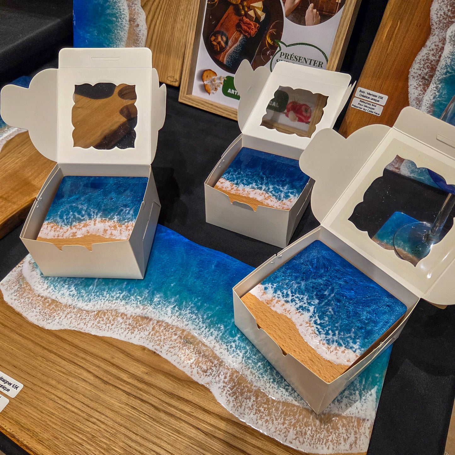 Lot de 4 sous-verres Vague Océan en bois de Hêtre et résine époxy