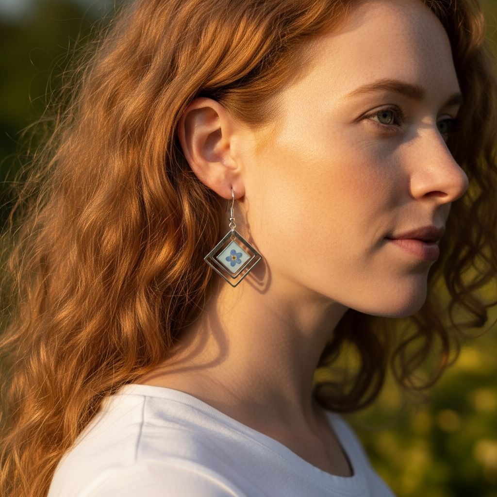 Boucles d’oreilles " Géométrie Azur " Résine & fleurs naturelles bleues