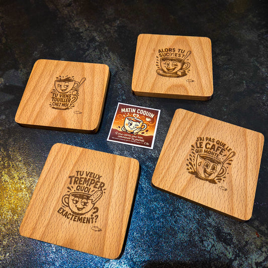 Collection « Matin coquin »  Lot de 4 sous-verres en bois de Hêtre