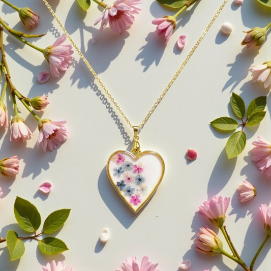 Pendentif “Cœur Fleurie” – Résine & fleurs naturelles multicolores