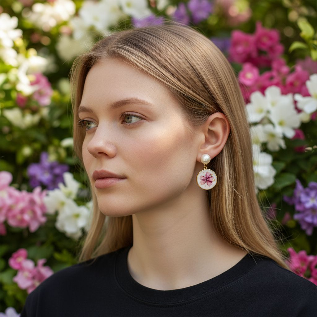 Boucles d’oreilles " Pétales d’Or " Résine & fleurs naturelles roses