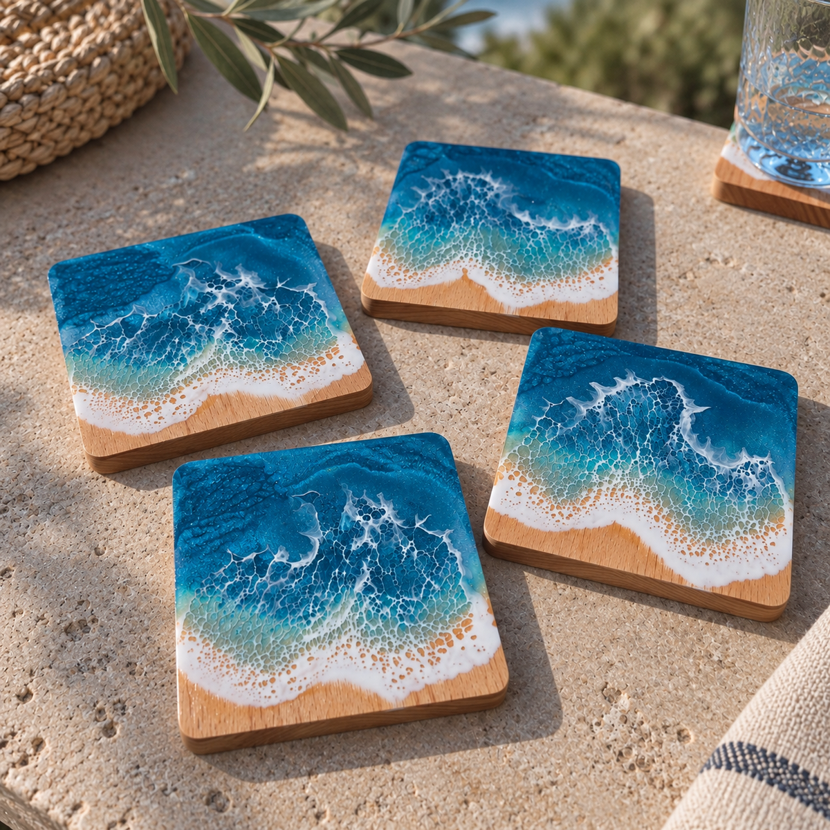 Sous-Verres Vague — Lot de 4, Hêtre Massif et Résine Époxy
